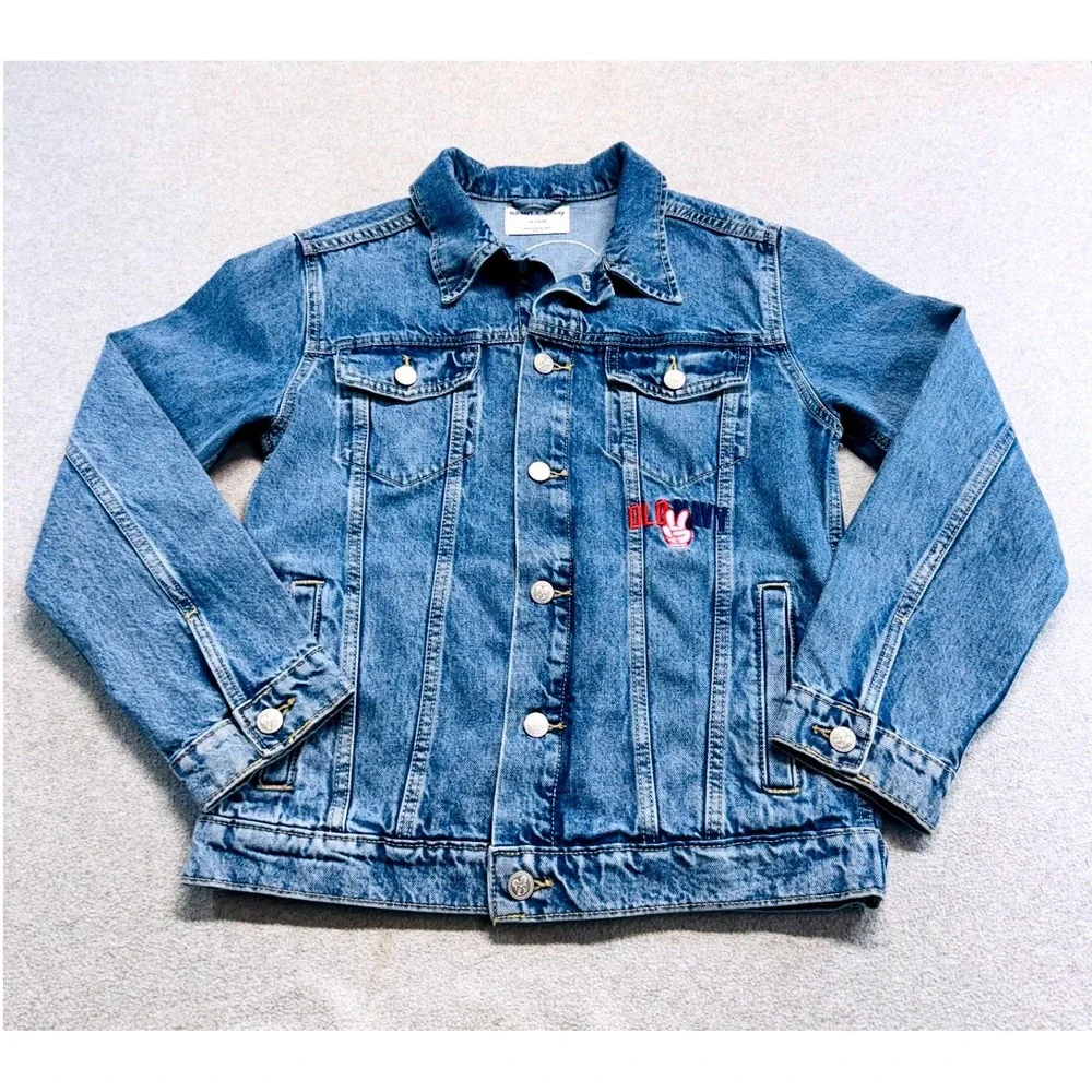 Old Navy x Disney Mickey Mouse Denim Trucker Jacket Kids XL 14-16 Peace Sign